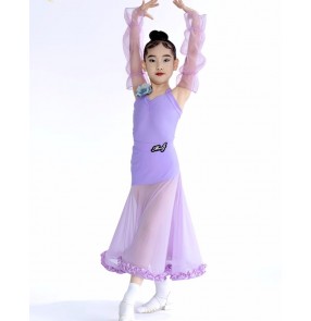 Girls kids black lavender purple ballroom dance dresses for children hollow shoulder sheer sleeves waltz tango performance long skirts